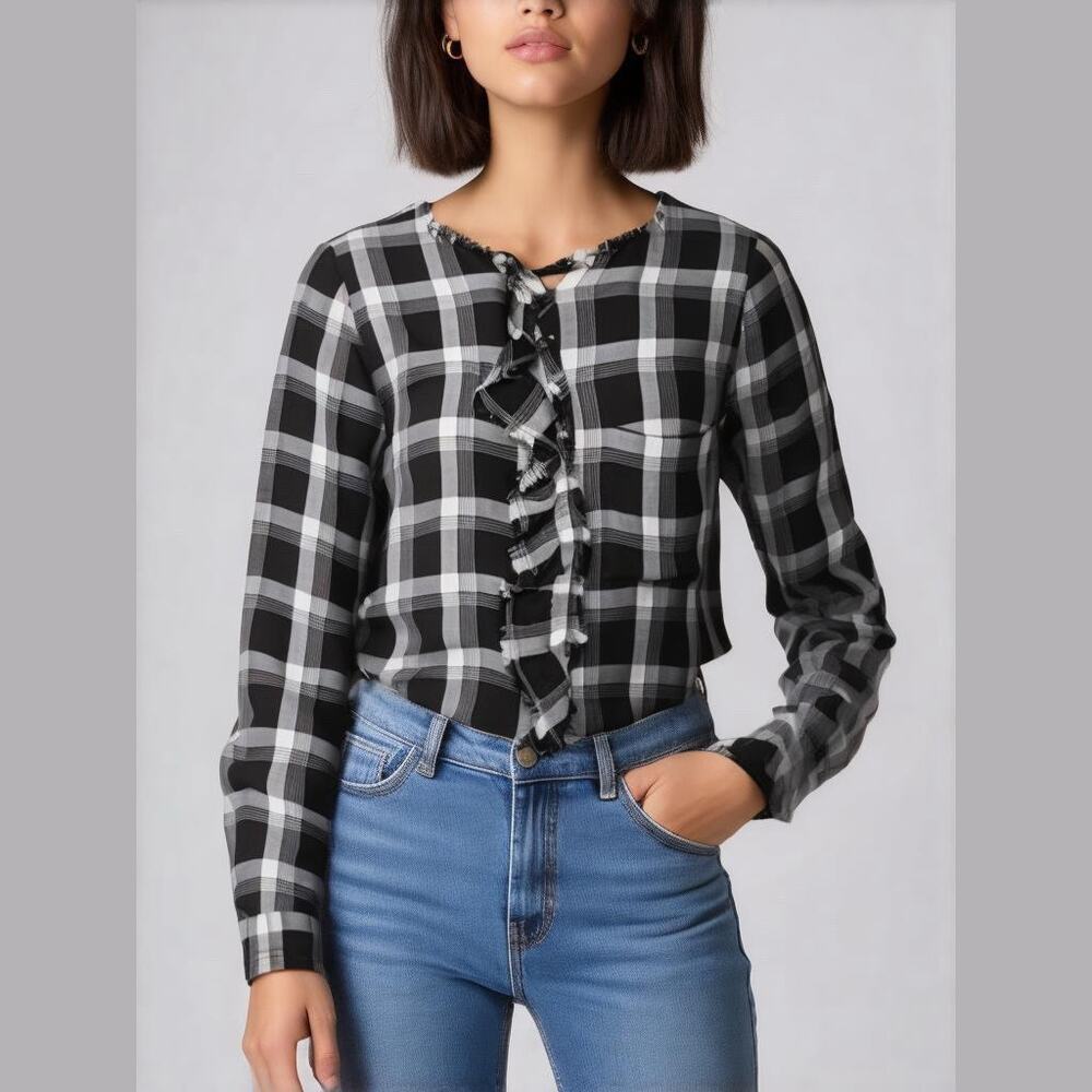 NWOT‎ Monari Italia Raw Hem Ruffle Plaid Shirt Size 10
